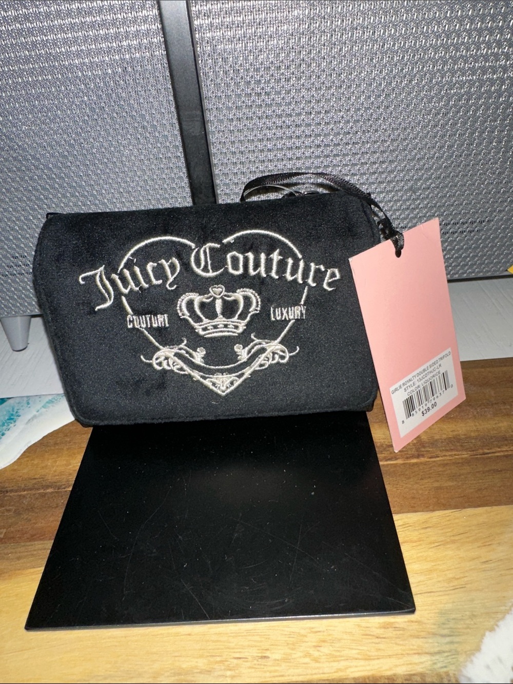 Juicy Couture Black Velvet Logo Pouch with Pink Tag